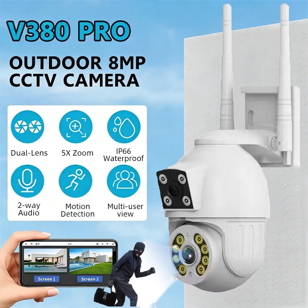 CCTV V380 Pro Dual Lens 12MP HD WiFi Night Vision Alarm Keamanan Audio Dua Arah Pelacakan Gerak Rota