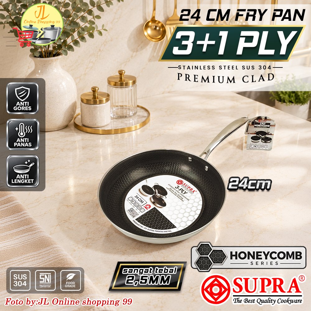 NEW 2026 SUPRA Series Honeycomb Stainless Steel 3+1 Ply SUS 304 fry pan 24cm coating tebal anti gore