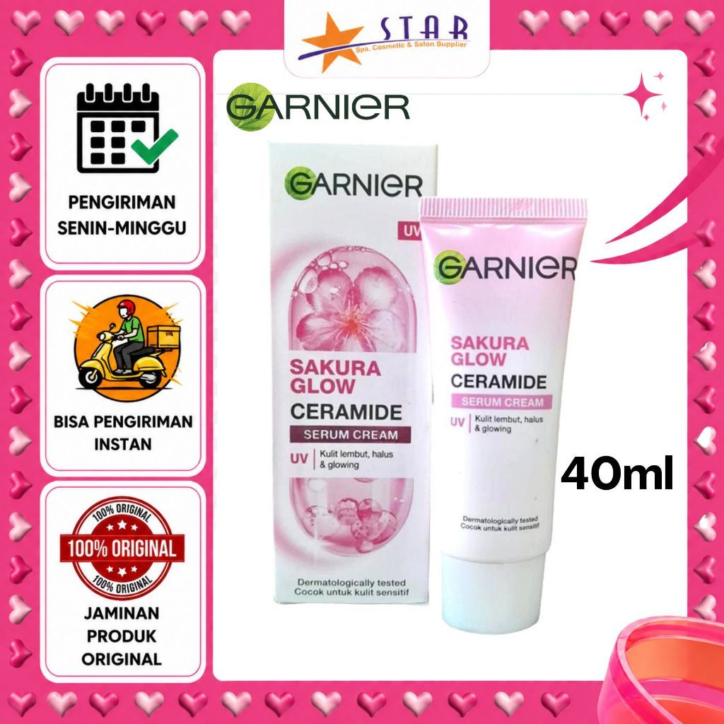 * STAR * Garnier Sakura glow ceramide Serum Cream UV 40ML(BESAR)/Pelembab Wajah Cerah Merona
