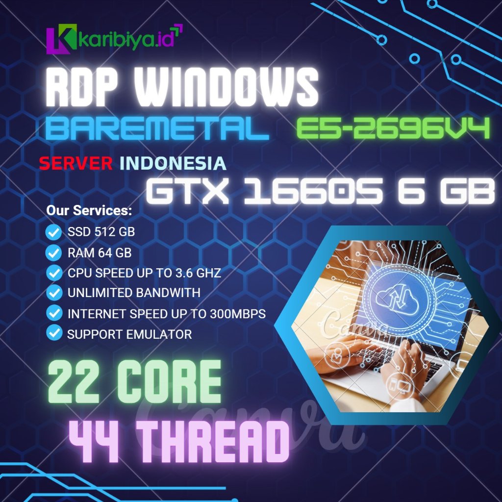 Bare Metal Server RDP Dedicated 22 Core  44 Thread 64GB RAM VGA GPU GTX 1660 Super OBS Emulator Andr