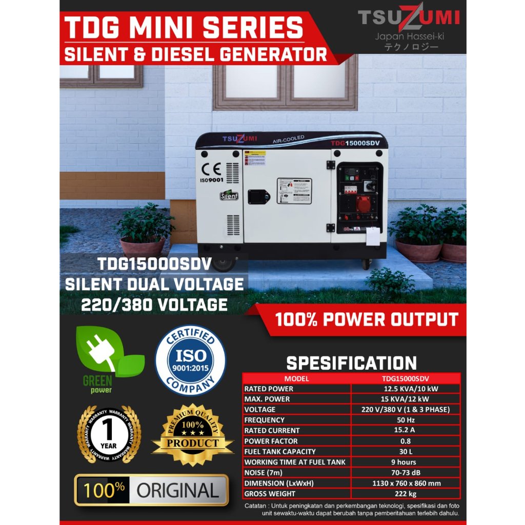 Genset 15 KVA Silent Diesel Tsuzumi TDG 15000SDV Japan Technology / Genset 10kw Solar Electric Start