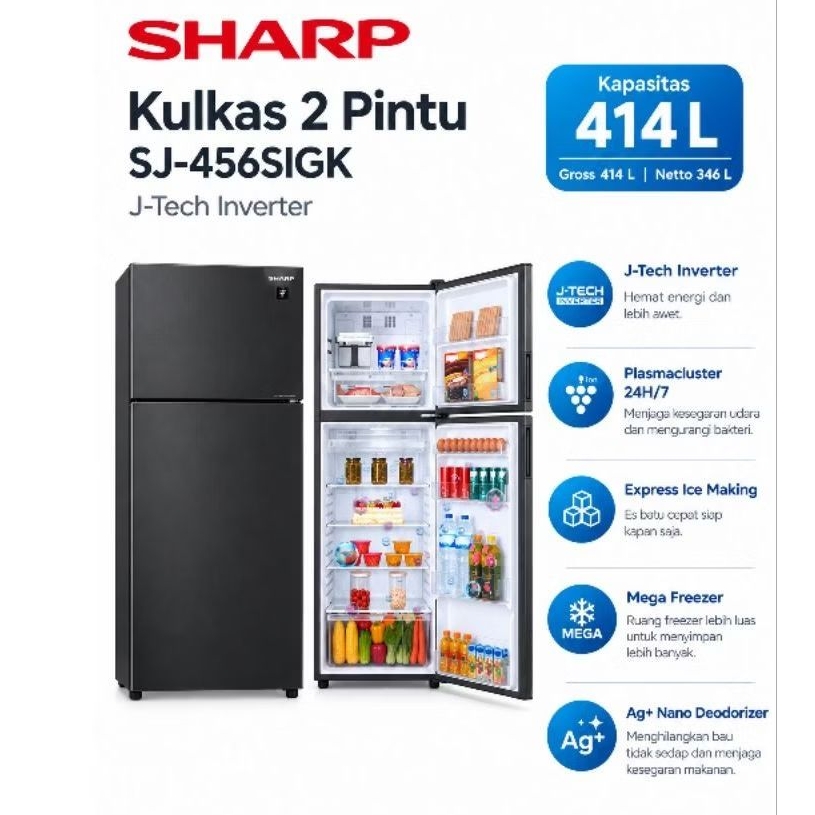 Kulkas Sharp 2 pintu J-Tech Inverter SJ 456SIGK