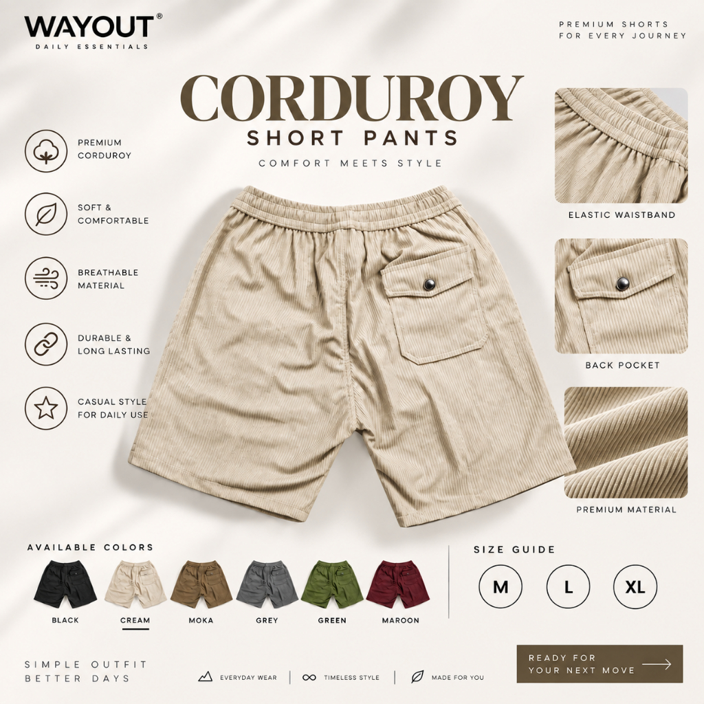Celana Pendek CORDUROY WAYOUT Celana Pendek Premium dengan Pinggang Karet dan Saku Belakang Krem