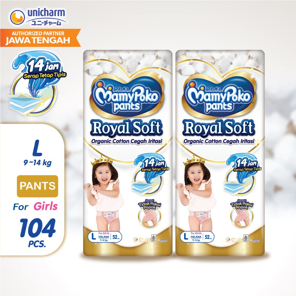 [ 2 BALL ] MamyPoko Pants Royal Soft Organic Cotton - L 52 - Girls - Popok Celana - 2 Packs