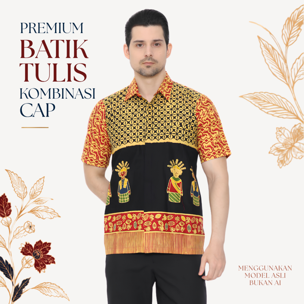 Kemeja Batik Pria Lengan Pendek Batik Tulis Kombinasi Cap | ALMAJIWA Cempaka Hitam Motif Betawi Onde