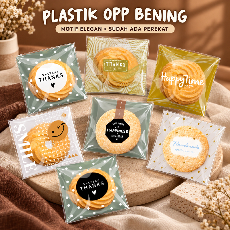 (Grosirpaperbag881) 100Pcs Plastik Roti Motif OPP Food Grade 10x10cm Sudah Dengan Lem Plastik Home m