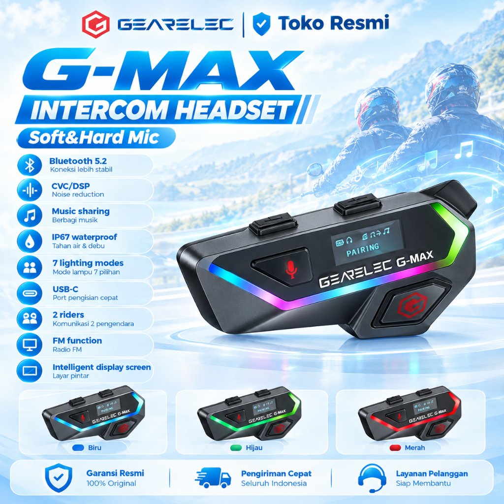 GEARELEC Helm intercom G-MAX 6 Riders 2000m Bluetooth Intercom Helm Sepeda Motor Headset FM Radio
