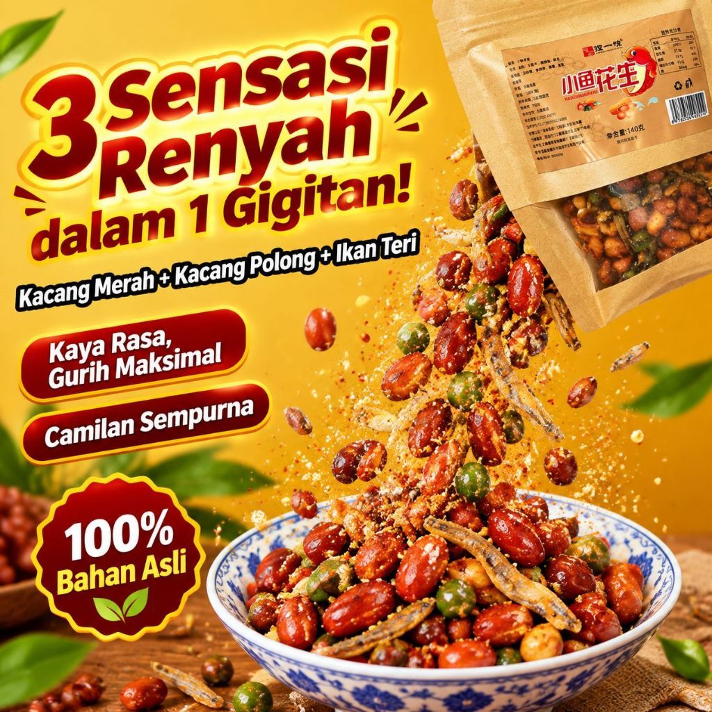 Kelezatan tiga kali lipat Ikan kecil goreng renyah, kacang tanah, kacang hijau Camilan untuk meneman