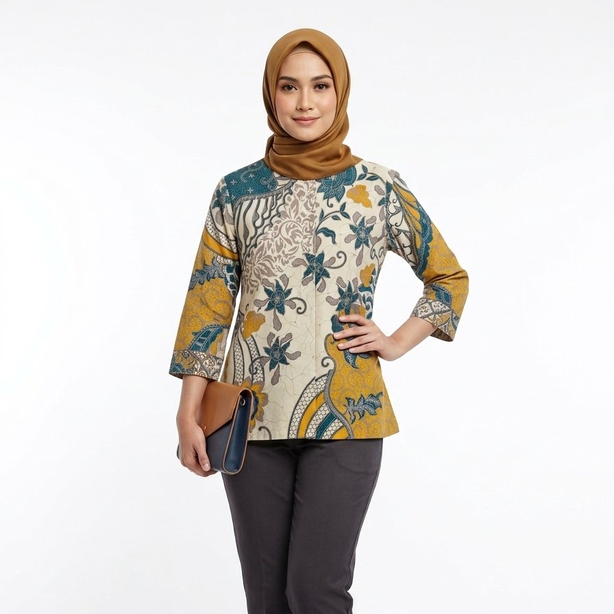Batik blus najib kuning grey l Kemeja wanita motif batik lengan 3/4 warna krem kuning untuk busana m