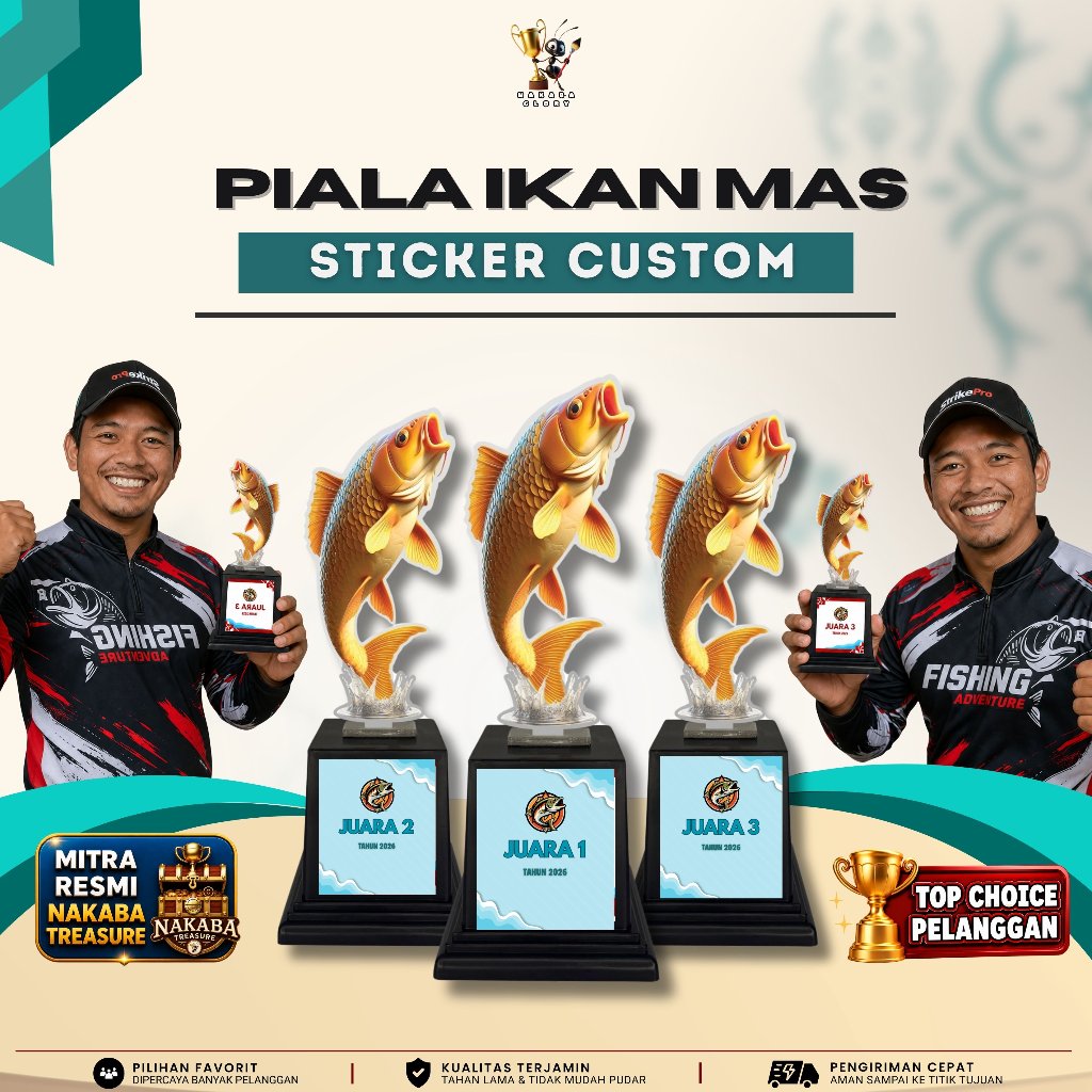Piala Akrilik Penghargaan Memancing Motif Ikan Mas Sticker Custom | Juara | Kontes | Kemerdekaan