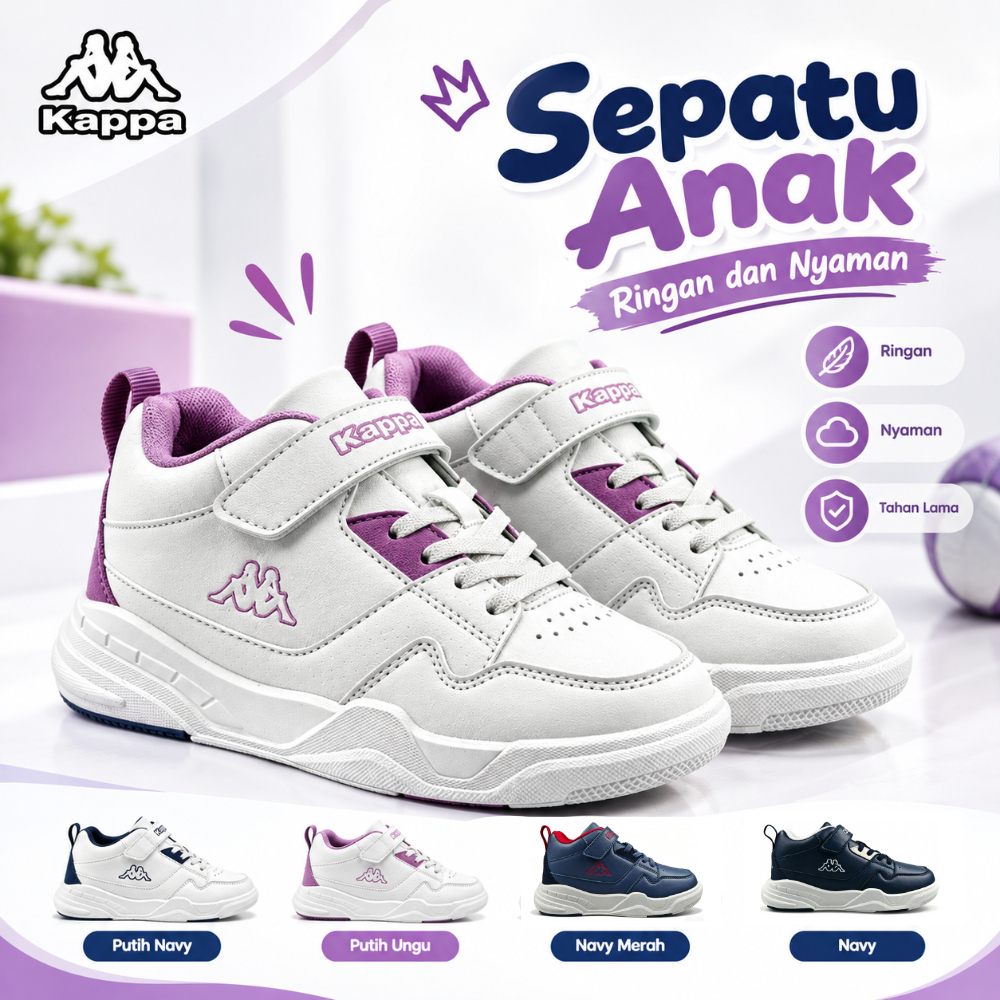 Kappa Sepatu Anak Sneakers Sekolah Laki Laki Perempuan Original Kasual, Ringan Perekat Velcro Empuk 