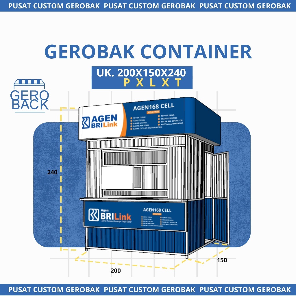 Booth jualan BRILINK model kontainer CUSTOM - UK 200 x 150 x 240 - Bahan Galvanis Rangka Besi - Boot
