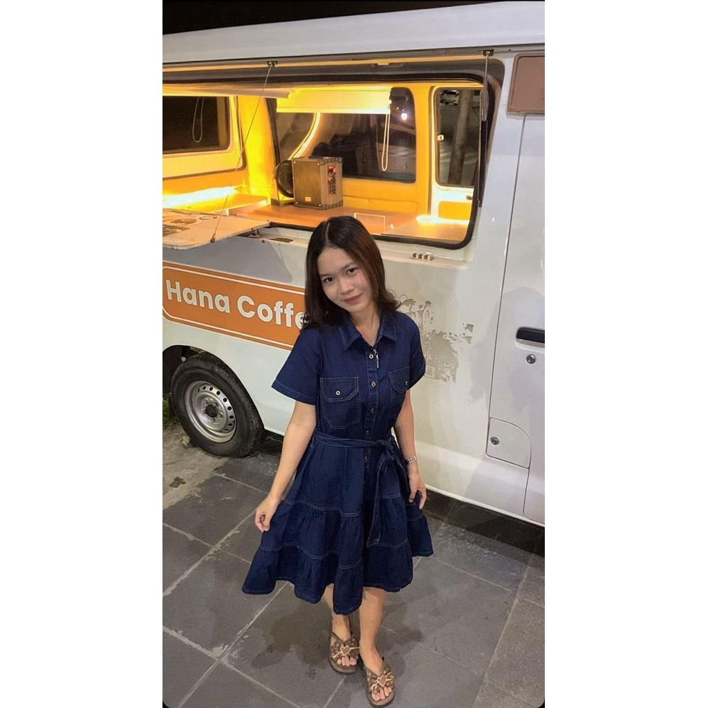 Dress Jeans Midi Denim Soft Korean Minimalis Dark Blue L XL