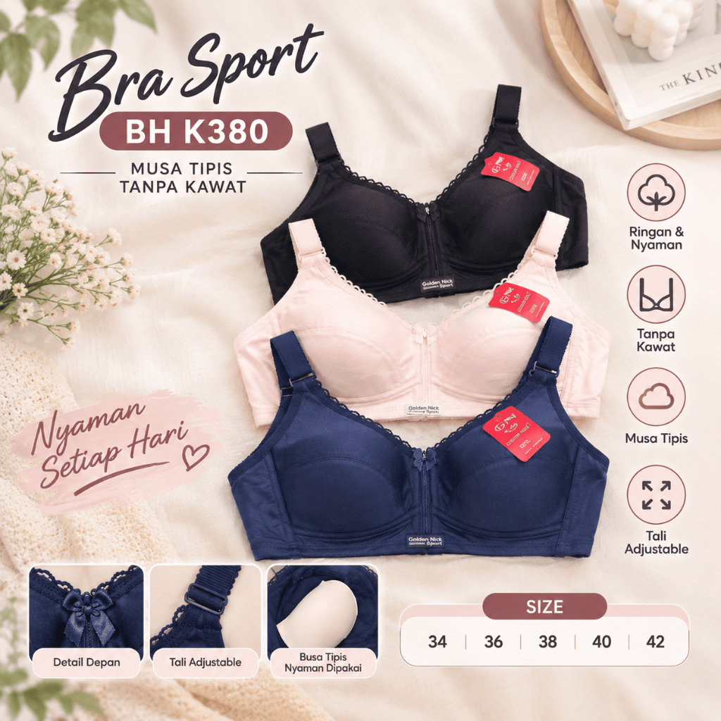 Golden Nick - Bra Sport Bahan Glossy Merek Goldennick Tanpa Kawat Busa Tipis BH K380