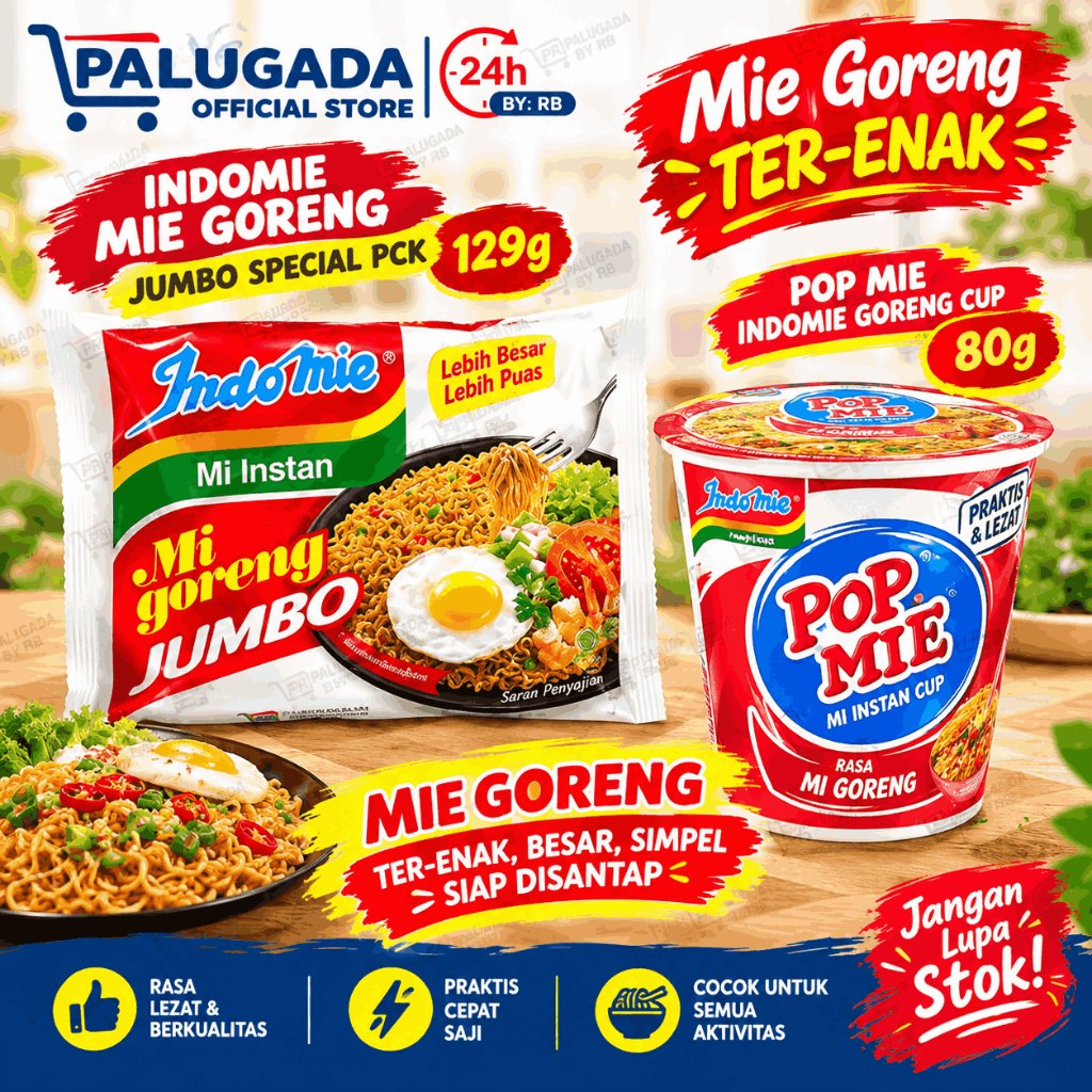 INDOMIE MIE GORENG JUMBO SPECIAL 129g +POP MIE INDOMIE GORENG CUP BESAR 80g - MIE GELAS - INSTANT, B