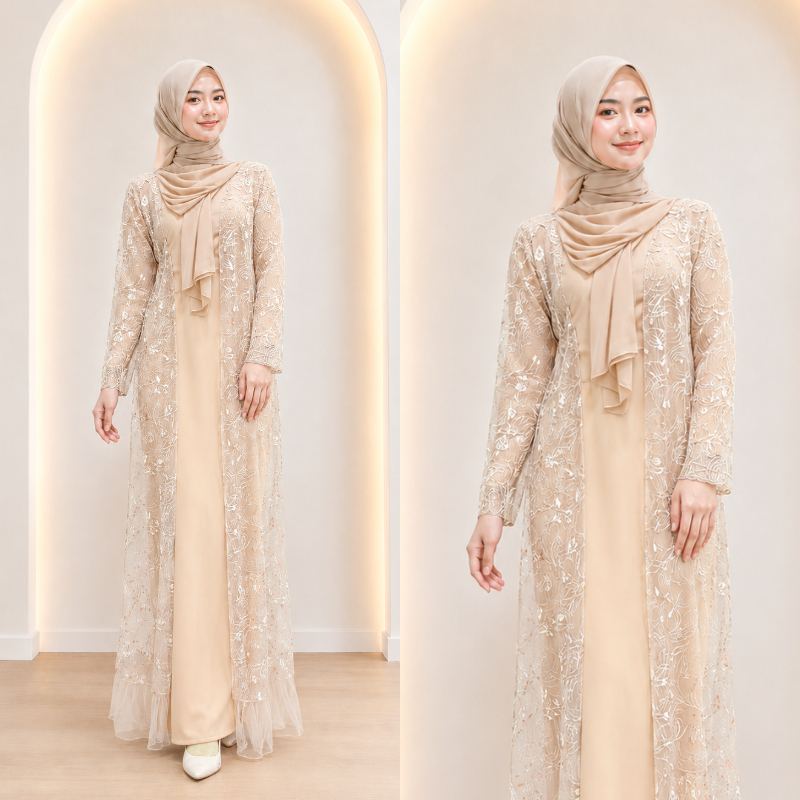 Gamis Rompi Lepas Aqilla Mutiara - Dress Brokat Gamis Lebaran 2026 Model Terbaru Kombinasi Fashion M