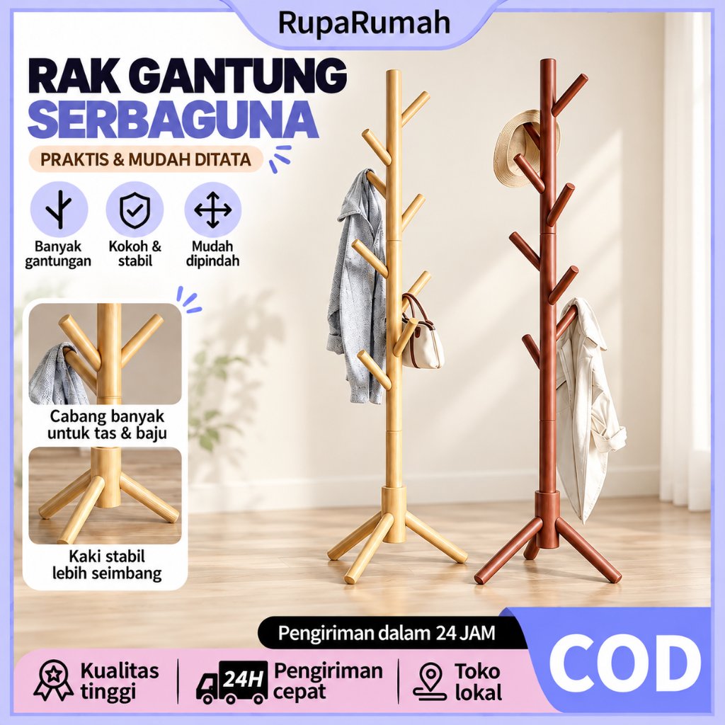 COD Stand Hanger Kayu Rak Gantungan Baju  Multifungsi Hanger Tunggal Untuk Baju Topi Jilbab Tas Mant