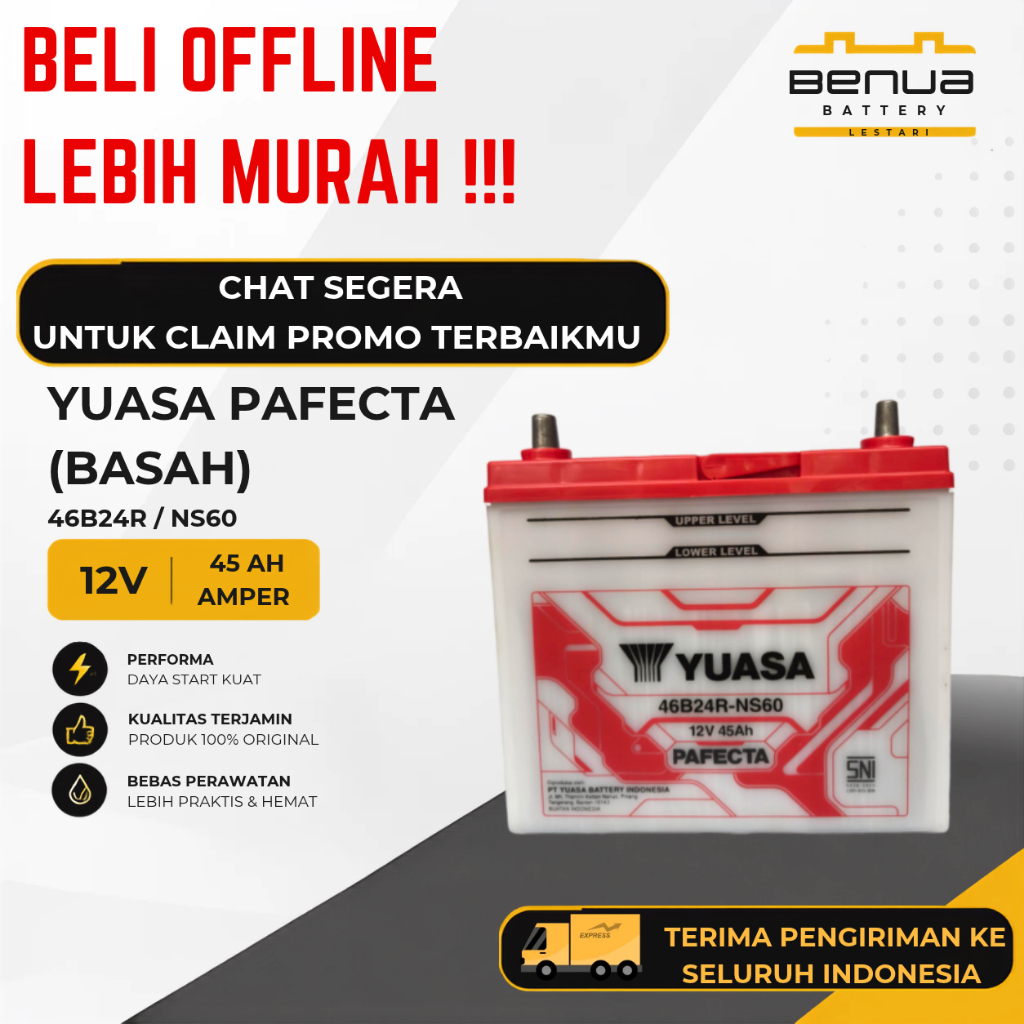 Aki Yuasa PAFECTA BASAH 46B24R / Aki NS60 / Aki NS 60 / Aki Mobil 12V 45Ah Original Yuasa