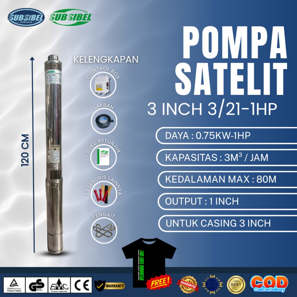 Pompa Submersible/Satelit 3 INCH 3/21 - 1 HP Tanpa Kabel - Pompa Sibel Maksimal Kedalaman 80 Meter -