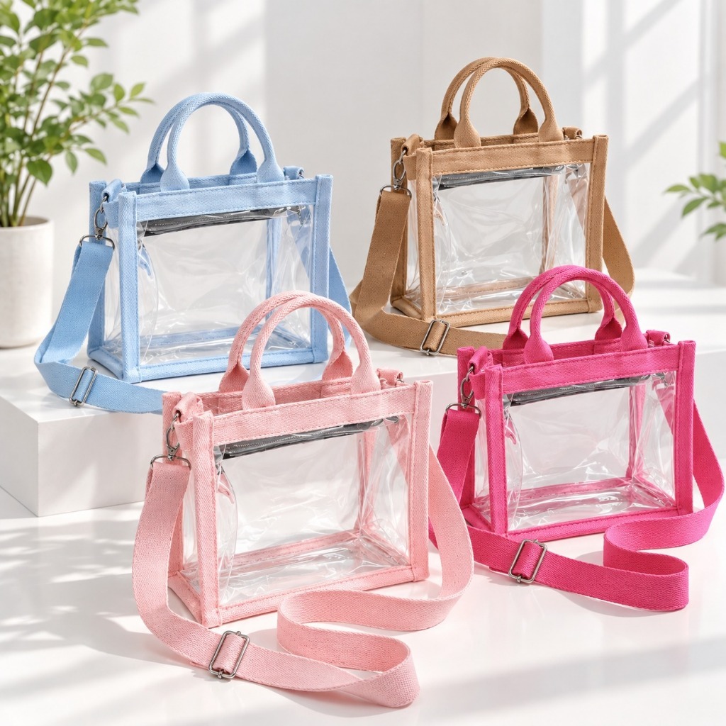 Tas Selempang Transparan Wanita Mika Bening Resleting Tali Webbing Kombinasi PVC Tebal
