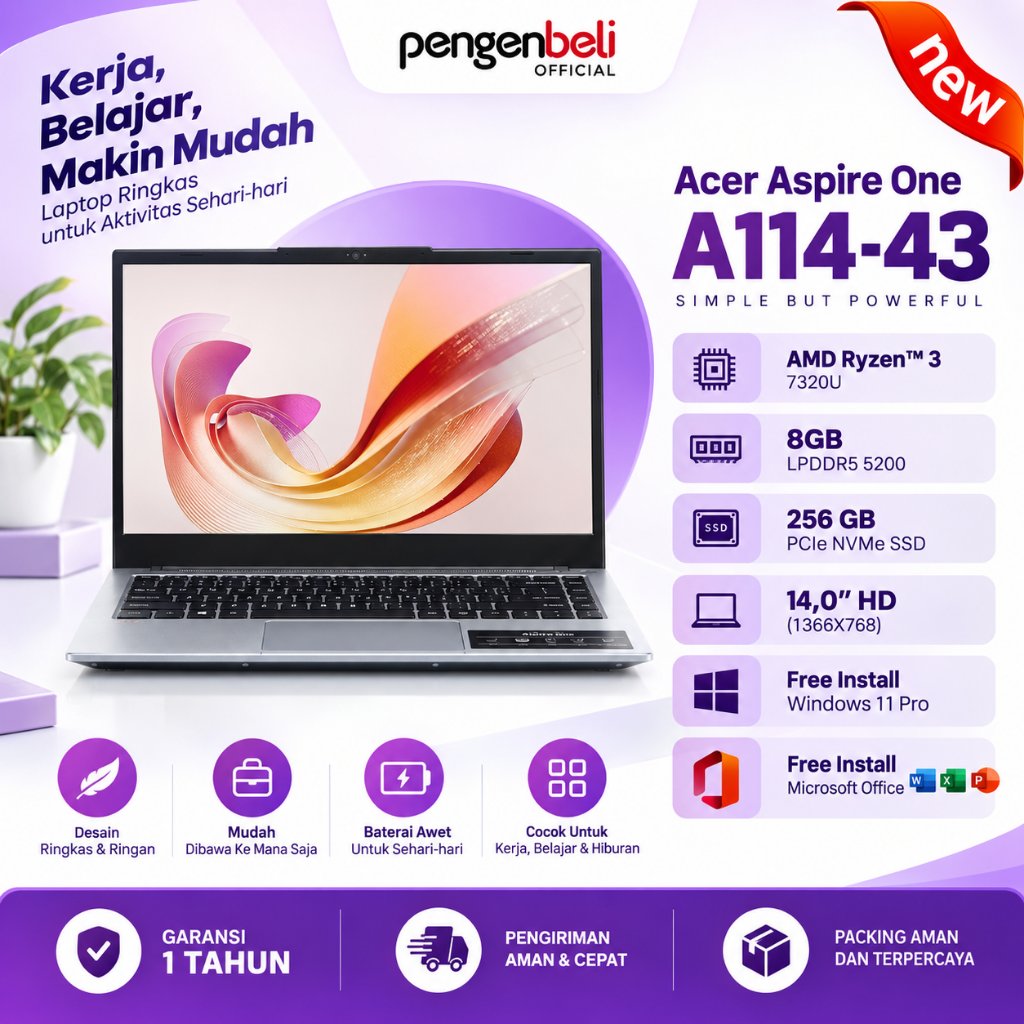 Acer Aspire One A114-43 / Ryzen 3 7320U / RAM 8GB LPDDR5  / SSD 256GB / 14" HD / Free Install Window