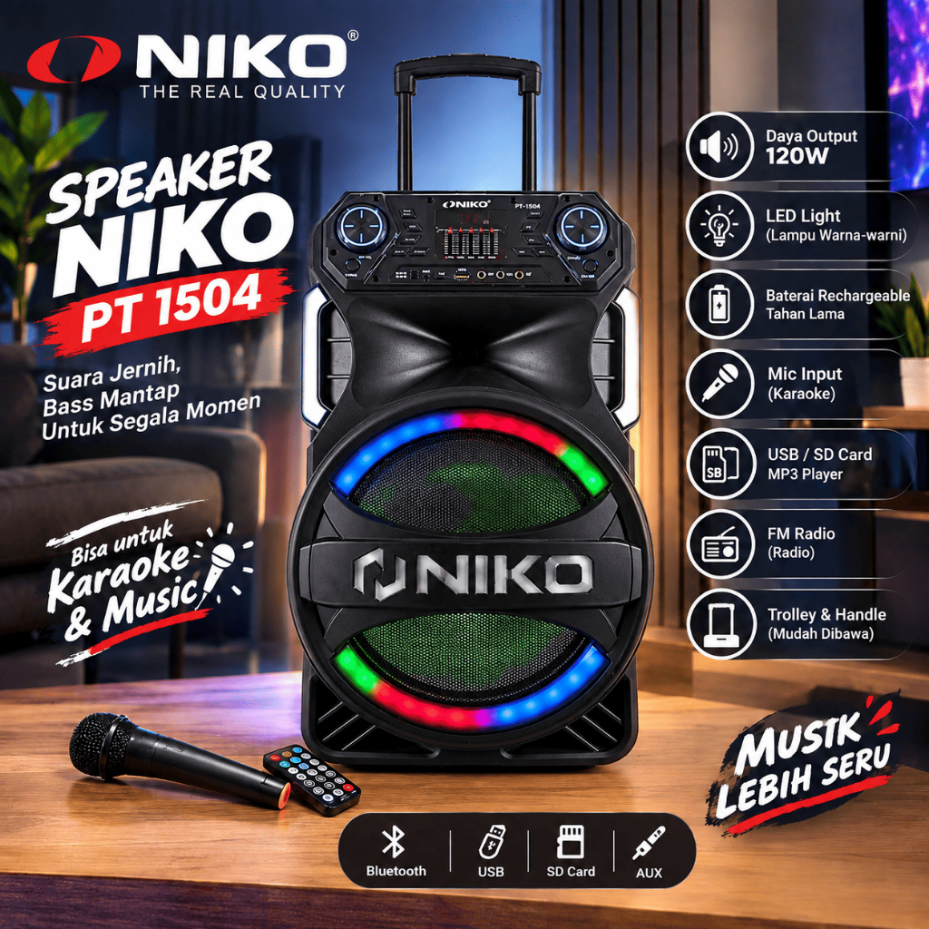 SPEAKER NIKO PT 1504 DENGAN MIC WIRELLESS SPEAKER TROLEY