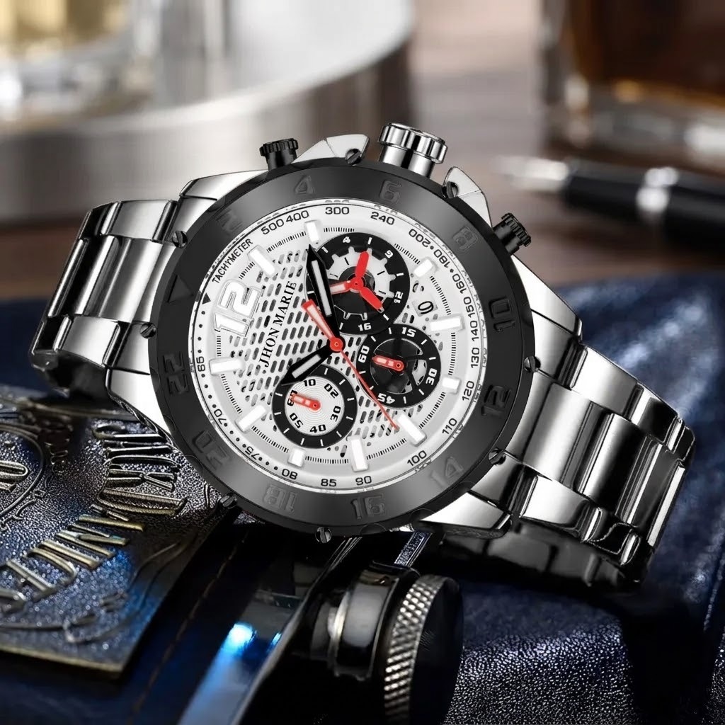 Jam Tangan Pria Jhon Marie 9507 Chronograph Original, Material Stainless Steel Bahan Kaca Blue Saffi