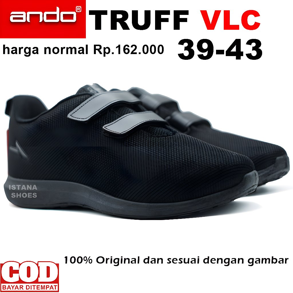 Sepatu Sekolah  SMP SMA Ando TRUFF VLC Perekat Full Hitam Sneaker