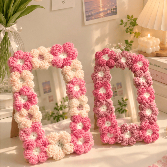 MIRU CERMIN KANTOR MAKEUP HIASAN RAJUT HANMADE PINK SERIES BUNGA DAISY