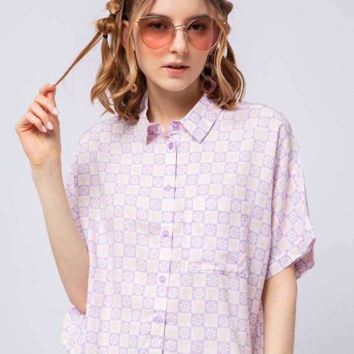 kemeja COLORBOX Printed Short Sleeve Crop Blouse Lt Blue