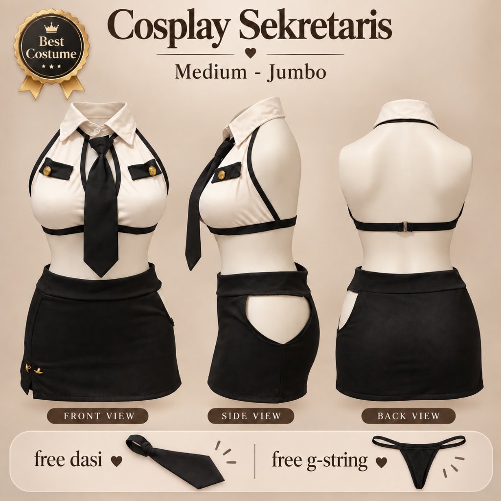 Stylish Kostum Lingerie Seksi Kostum  Sekretaris Tanpa Lengan   Free DASI + GSTRING Ready ( Medium _