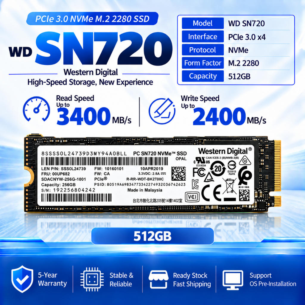 SSD NVMe WD SN720 M.2 2280 PCIe 3.0 x4 256GB 512GB 3400MB/s Garansi Ready Stock untuk Laptop PC