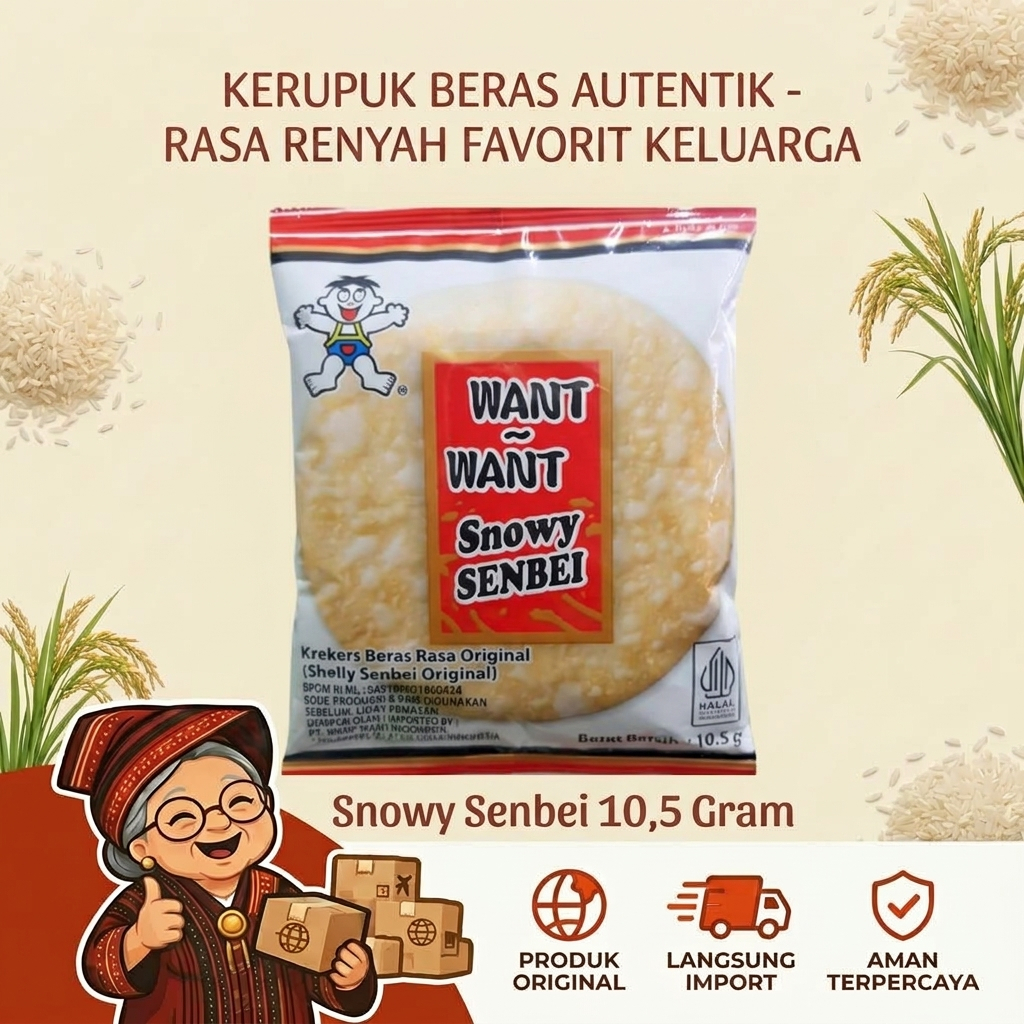 Want-Want Snowy Senbei 10,5 Gram (Isi 10) - Kerupuk Beras Jepang Non-Fried, Camilan Manis Gurih Reny