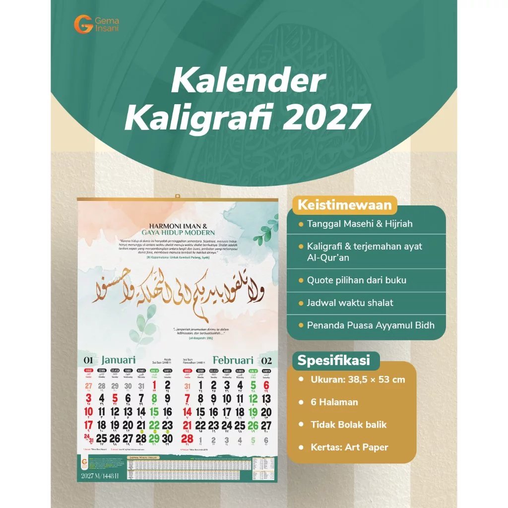 Foto Kalender Kaligrafi 2027 - Kalender Dinding 2027 - Kalender Gantung 2027 Tanggalan Gema Insani Press