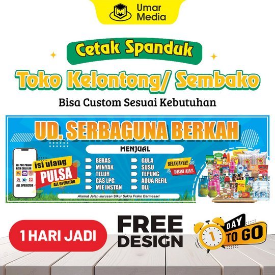 Cetak Spanduk Usaha Baliho Toko Sembako Banner Jualan Custom Nama Satu Hari siap
