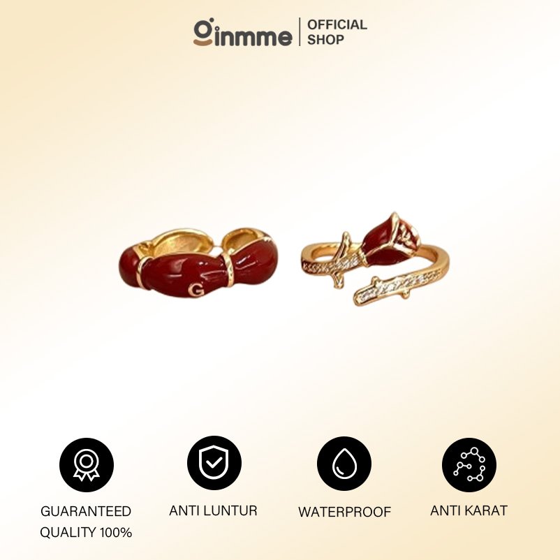 Ginmme Cincin Set 2 Emas Pita Merah Enamel Berlian Elegan Unik Klasik Keren