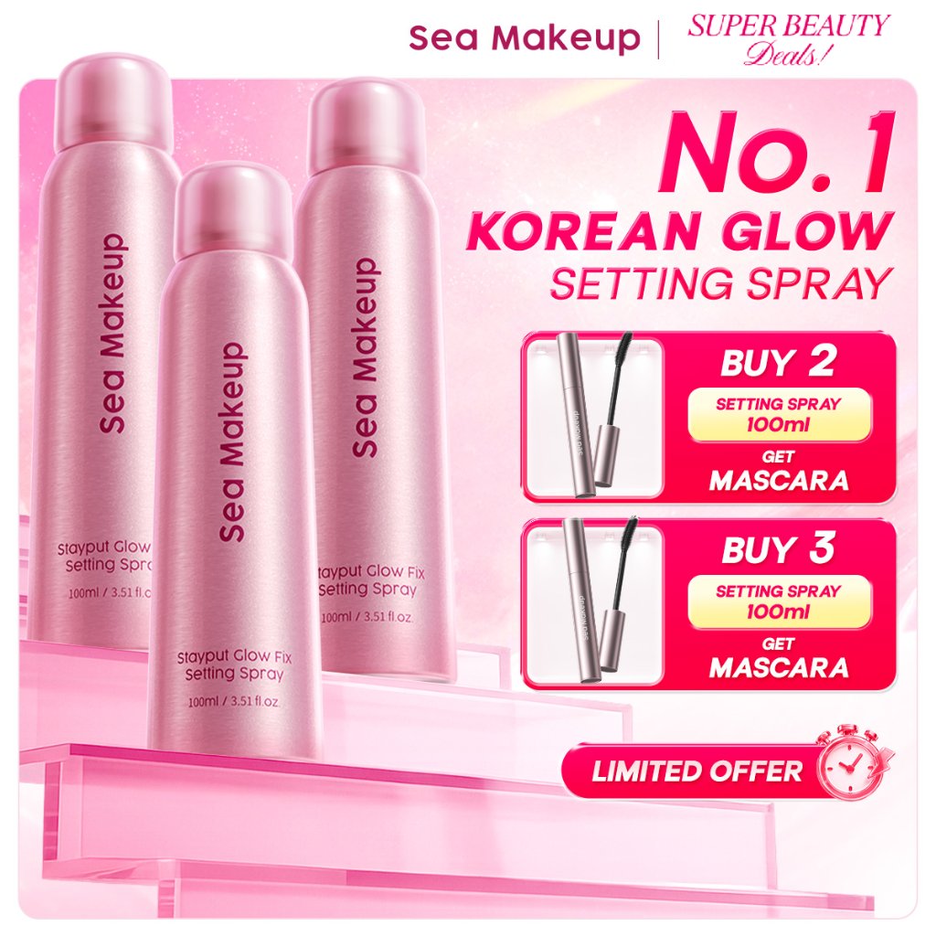 [FREE MASCARA] Sea Makeup Stayput Glow Fix Setting Spray 100ml - Longlasting Makeup 24 Jam Continuous Glowing Korean Glass Skin with Aloe Vera Extract Finish Fine Mist Spray Primer Makeup Kosmetik Wajah Tahan Lama