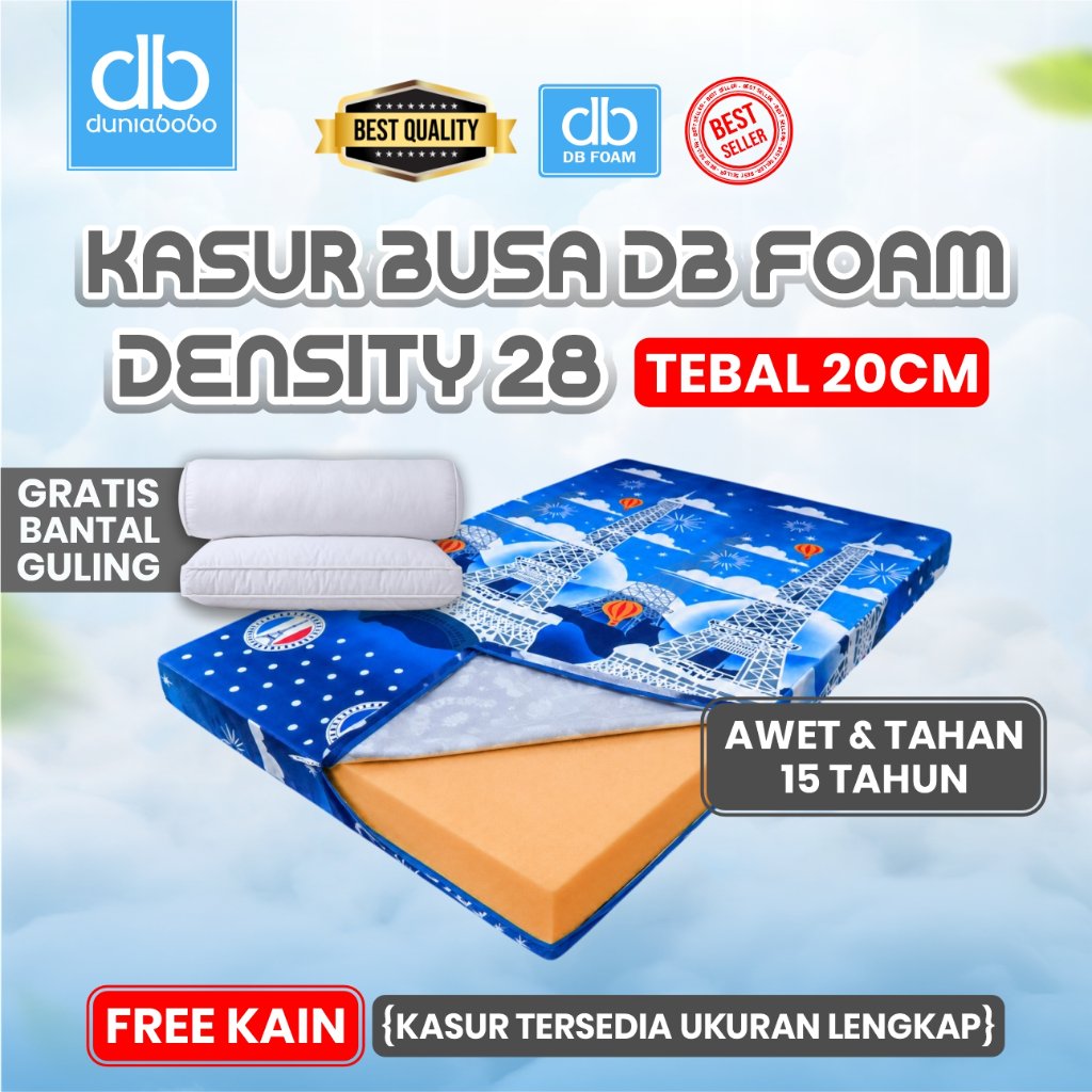 Kasur busa DB FOAM D28 Tebal 20cm (FREE BANTAL GULING) Ukuran 90x200, 100x200, 120x200, 140x200, 150