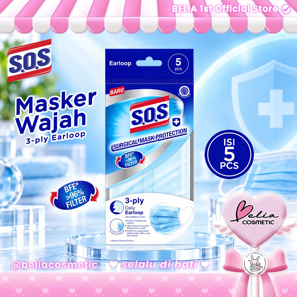 [ BELIA ] SOS Surgical Mask Protection 3-ply 5pcs | Daily Earloop | Masker Wajah Tali Karet