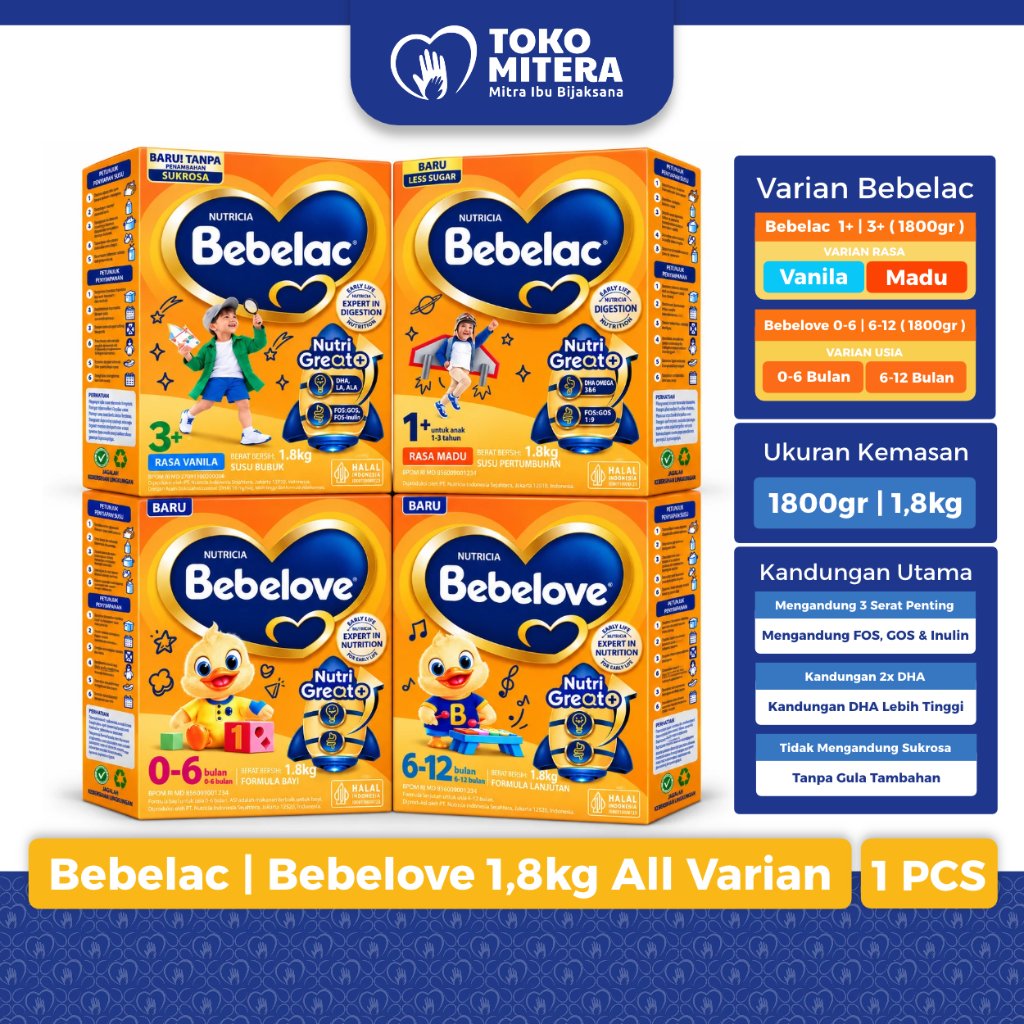 Bebelac Bebelove 1800gr All Varian Vanilla Madu Susu Formula Anak Usia 1+ 3+ Dan 0-6 6-12 Bulan