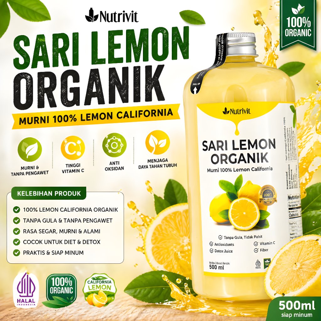 Nutrivit Sari Lemon Organik Murni 100% Lemon California 500ml Halal Tanpa Gula