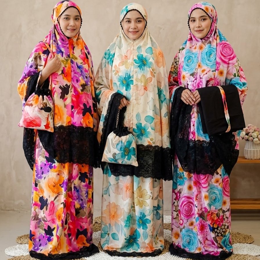 Mukena Dewasa Katun Rayon Renda Besar Hitam Jumbo Mewah Adem | Series Bunga Besar