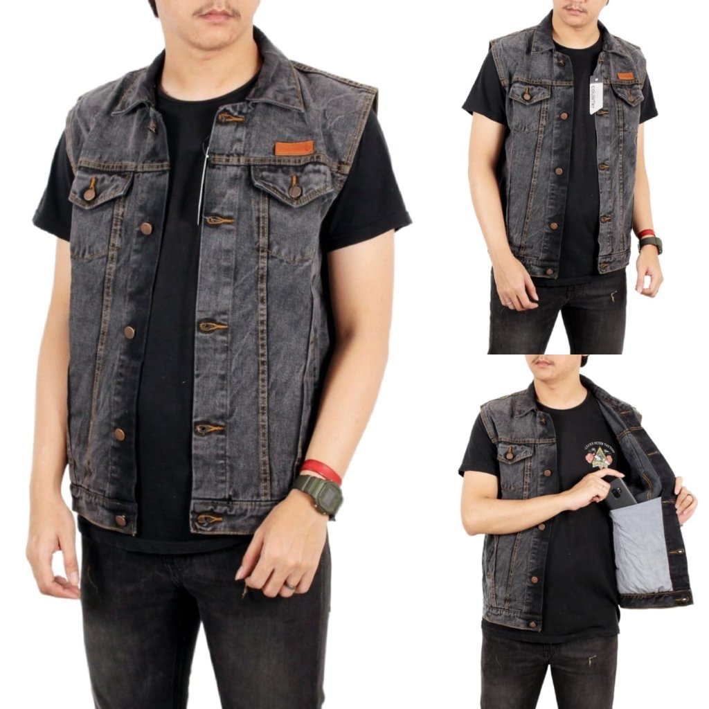 SIXTEEN Rompi Jeans Pria Big Size Vest Denim Motor Klasik Gray Black Original FLOWER COUNTRY