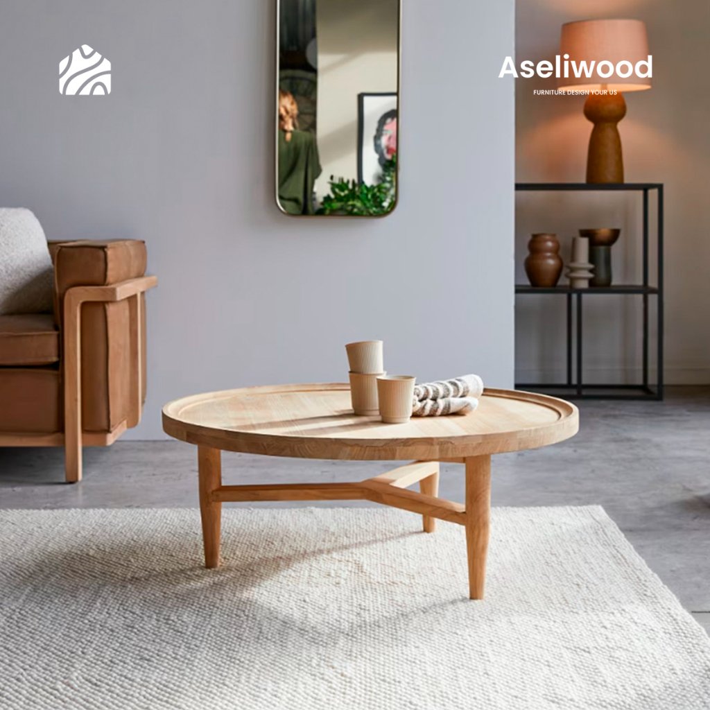 Meja Tamu Bulat Minimalis Kayu Jati Kokoh Solid Coffee Table