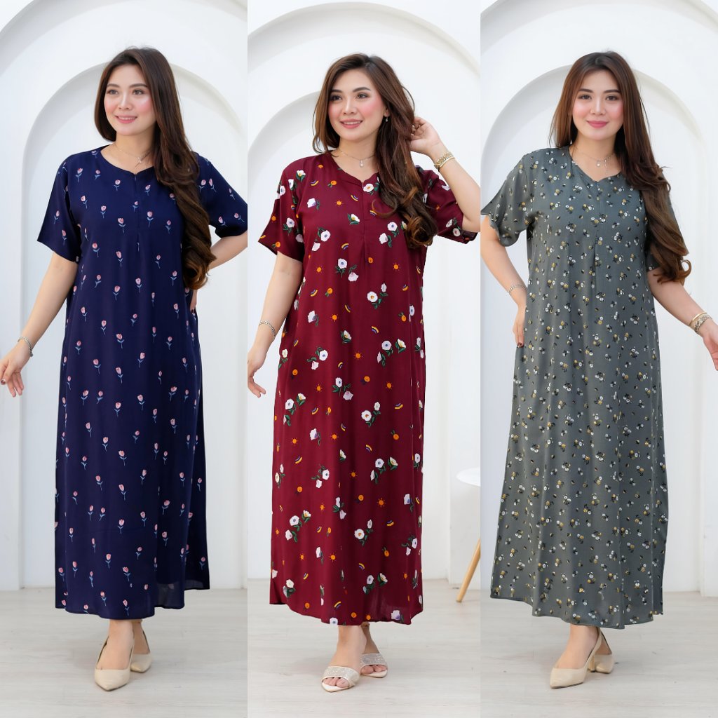 Daster Panjang Lengan Pendek Resleting Depan Busui Friendly Kain Rayon Viscose Saku Ld 120 Panjang 1