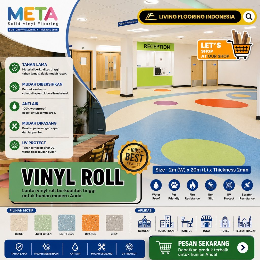 Lantai Vinyl Roll Meta Tebal 2mm Dengan Motif Polos Natural