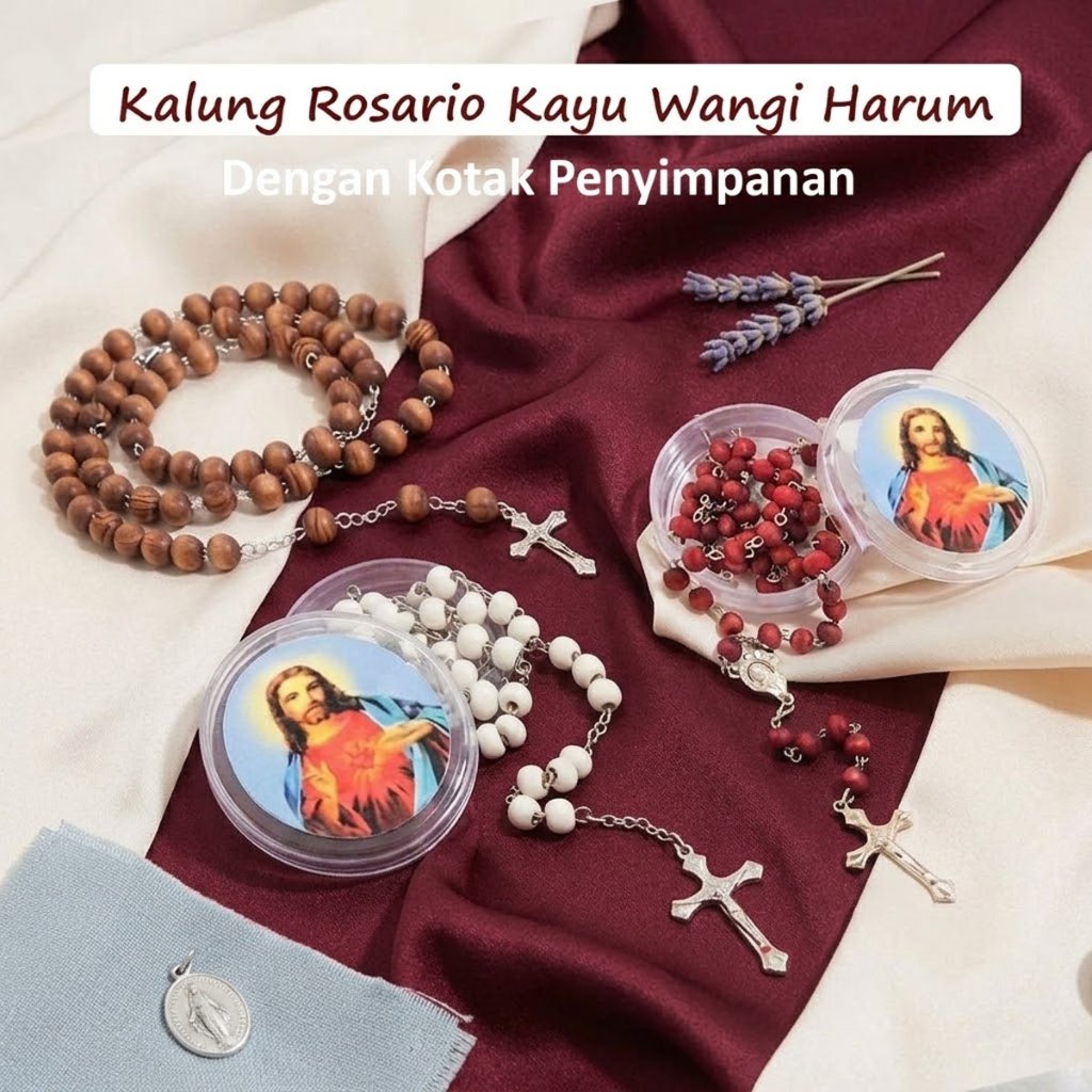 Kalung Rosario Aesthetic Kayu Wangi Liontin Salib Merah Maroon Cokelat Putih Fashion Rohani Katolik 