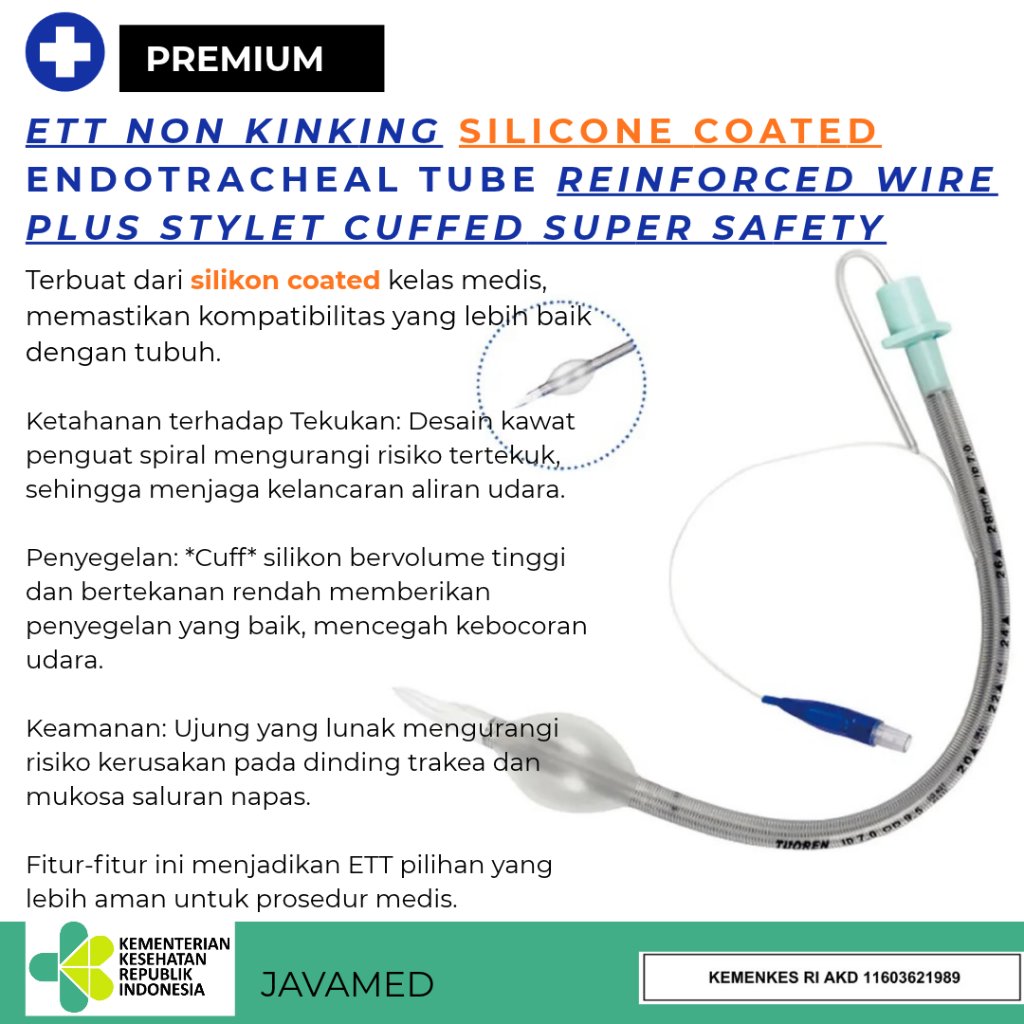 harga grosir ETT non kinking silicone coated Endotracheal Tube REINFORCED WIRE PLUS STYLET CUFFED Su