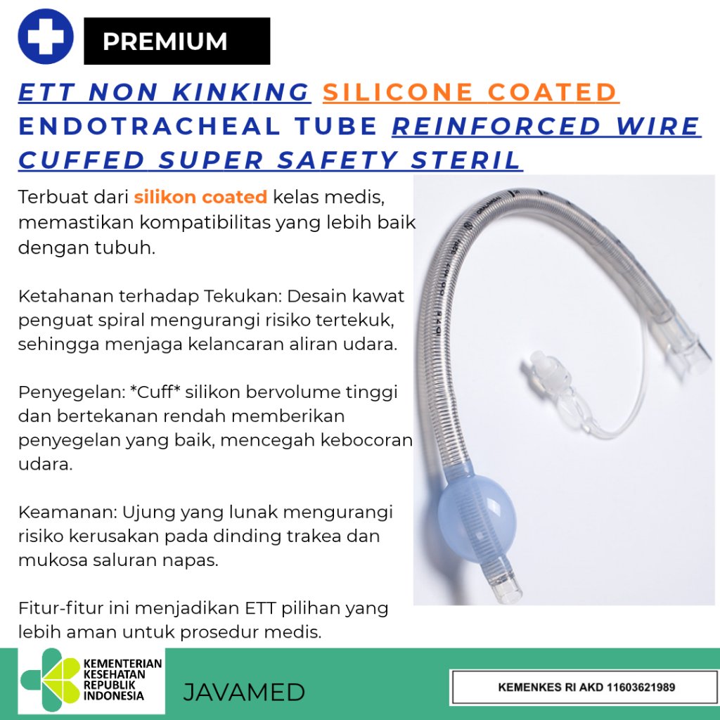 harga Grosir ETT silicone coated non kinking Endotracheal Tube REINFORCED WIRE  CUFFED Super Safety 
