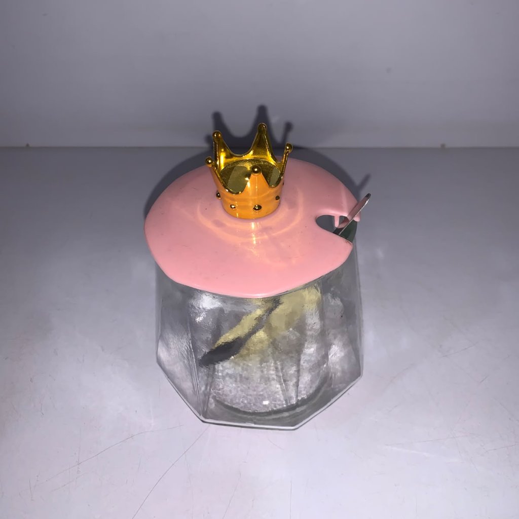 GELAS KACA TUTUP PINK  MAHKOTA MINI DAN SENDOK KECIL